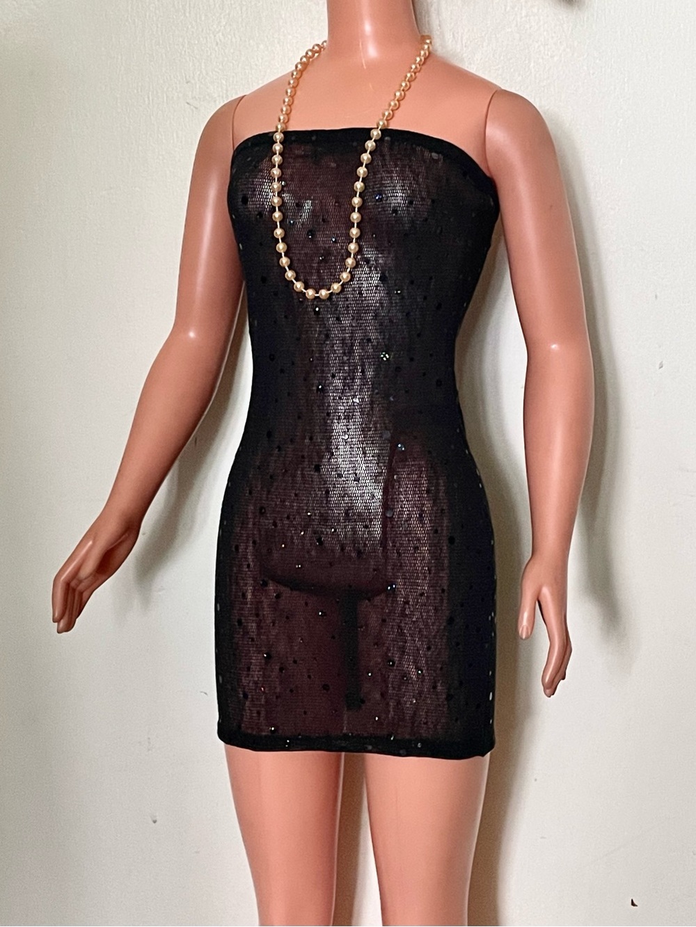 Sheer Black Mesh Night Dress & Beaded Necklace For My Size Barbie Doll 36" New